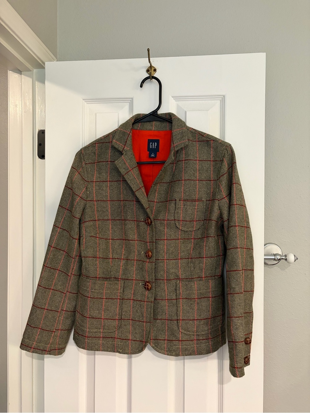 Vintage Gap Herringbone Tweed Wool Blazer Green Plaid Size 6